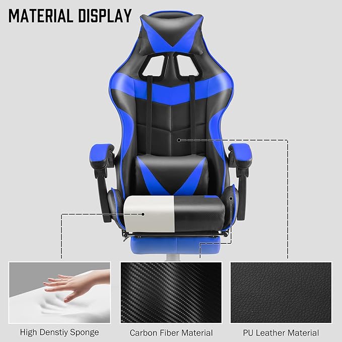 Huracan Gaming Computer Chair with Footrest Adjustable Video Game Chairs for Adults Heavy Duty Office Chair with Headrest and Lumbar Support Blue