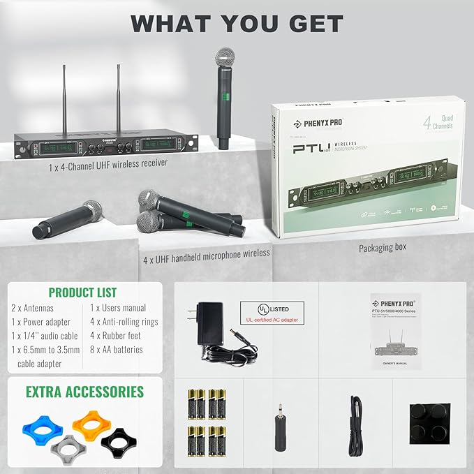 Phenyx Pro Wireless Microphone System 4-Channel UHF Wireless Mic Fixed Frequency Metal Cordless Mic with 4 Handheld Dynamic Microphones 260ft Range Mics for Singing Church(PTU-5000-4H)