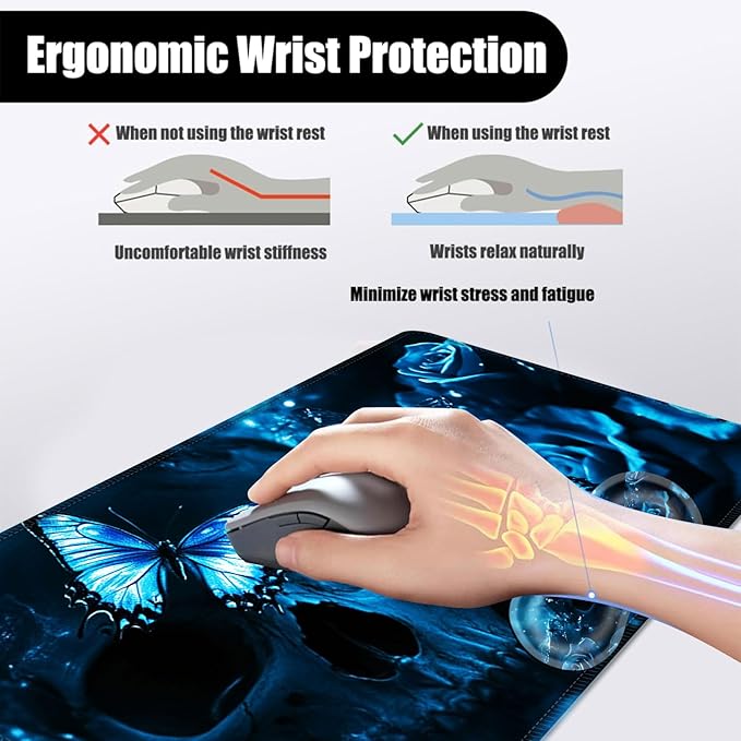 Mouse PadLarge Desk Mat Set 4in1 XL Mousepad + Keyboard Wrist Rest+Mouse Wrist Rest+Coaster with Ergonomic Desk Pad for Home Office Table Computer Cover -Skull with Butterflies and Roses