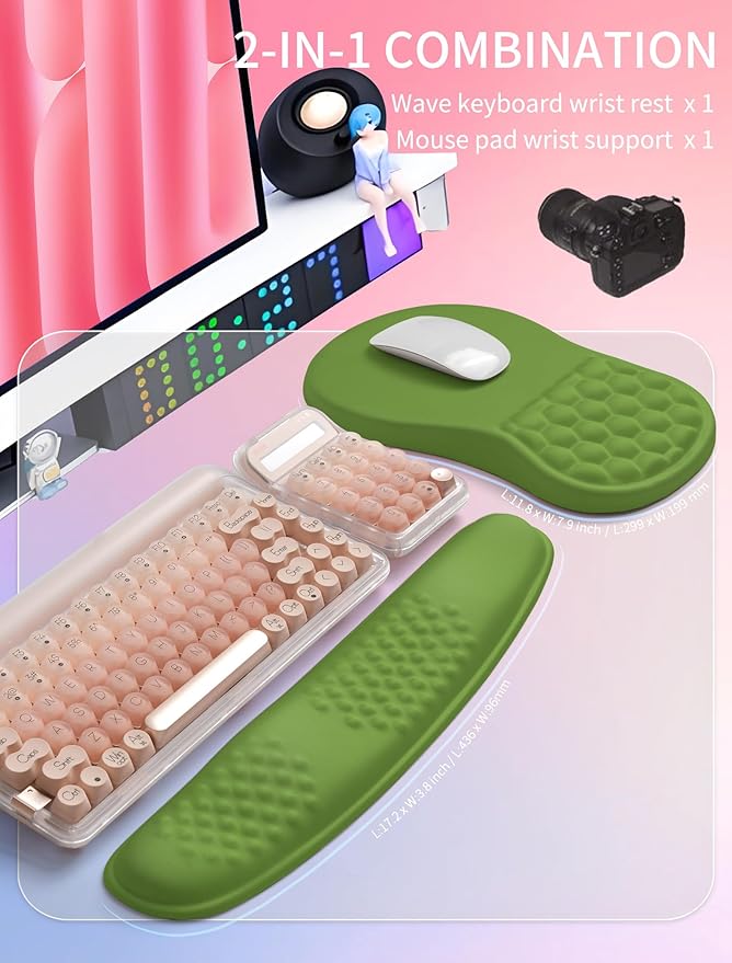Hokafenle 2in1 Combination Wave Keyboard Wrist Rest and Ergonomic Curvature Mouse Pad Wrist Support for Relieve Wrist Pain Filled with Soft Cushion Memory Foam Dill Green