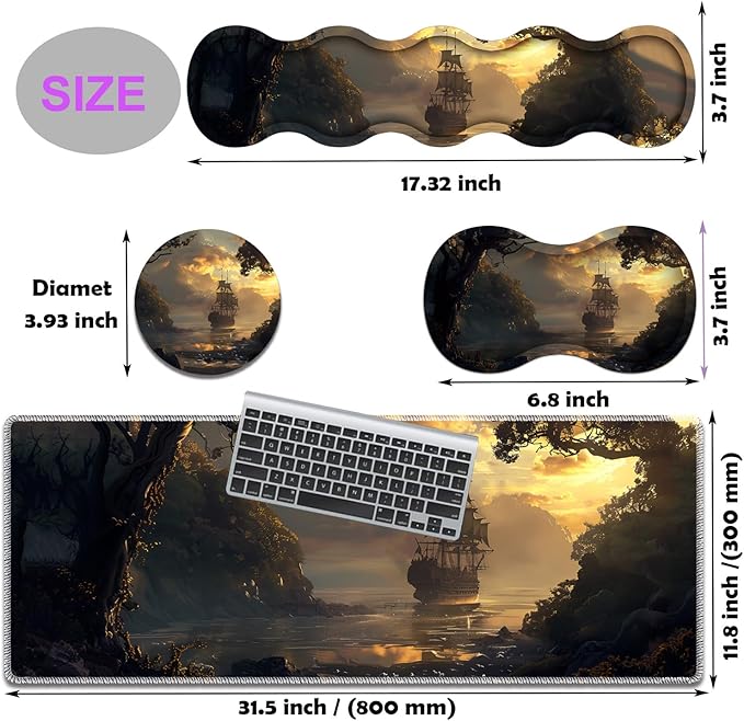 Large Gaming Mouse Pad Keyboard Wrist Rest Pad + Mouse Wrist Pad + Coaster 4 in 1 Set Extended Waterproof Non-Slip Desk Mat Suitable for Office Home Learning Games Pirate Ship