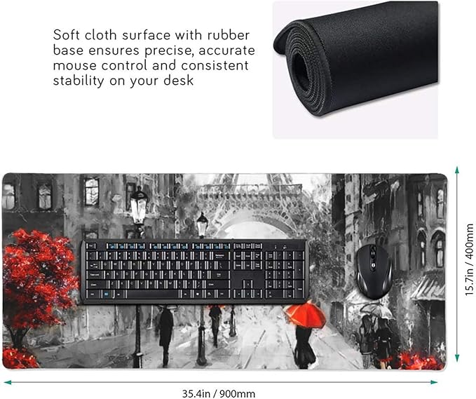 Paris Street Eiffel Large Mouse Pad Gaming Mousepad with Wrist Support Rubber Computer Keyboard Mat for Desk Laptop Non-Slip Full Deskmat Protector Waterproof Writing Pad Office Home 16x35.5 in