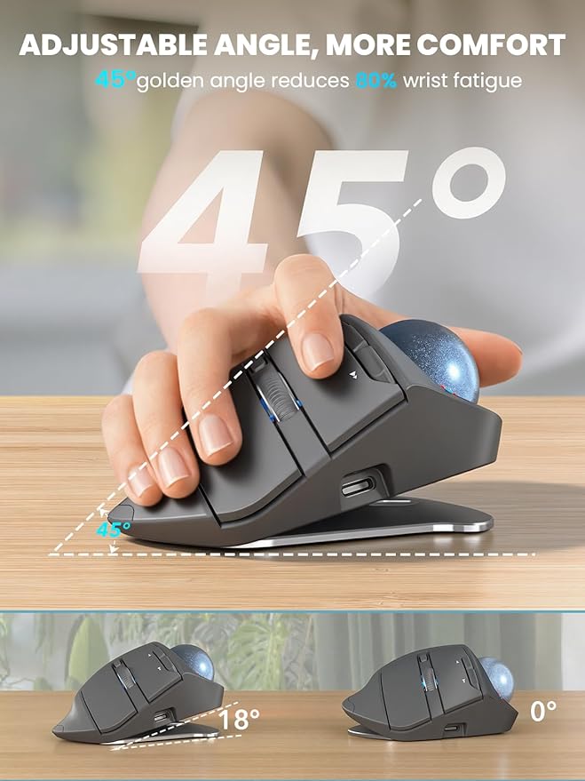 MAM1 Pro Wireless Trackball Mouse Ergonomic Bluetooth Rechargeable Computer Mouse Backlit Rollerball Thumb mice with 5 Level DPI Adjustable Angle 3 Devices Connection for PC Windows - Gray Mouse