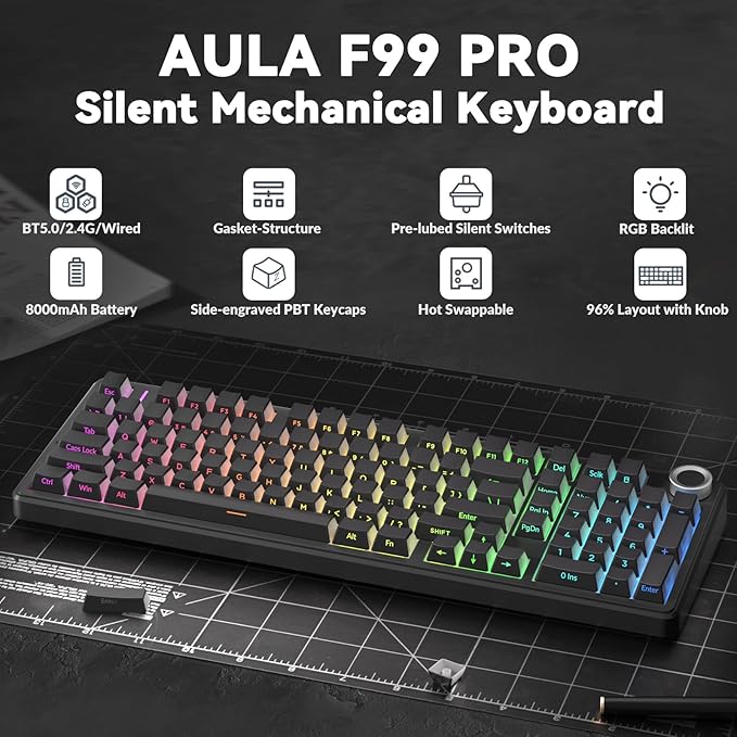 AULA F99 Pro Wireless Mechanical Keyboard-Silent VersionBT5.0/2.4GHz/USB-C Hot Swappable Custom KeyboardGasket StructurePre-lubed Linear Switches RGB Backlit Computer Gaming KeyboardsBlack