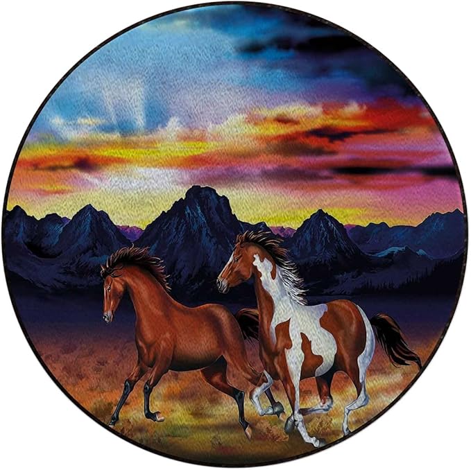 MulticolorRound Office Chair Mats Home Rolling Gaming Chair Mat Running Wild Horses at Sunset Rustic Landscape Round Chair Cushion for Office and Home Decoration Chair Cushion Diameter 43.3 in