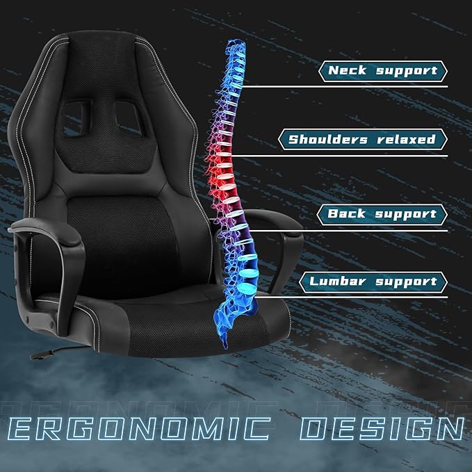 High-Back Racing Gaming Chair with Massage Lumbar Support - Ergonomic Adjustable Swivel - Black PU Leather - Perfect for Home Office or Gaming (Black)