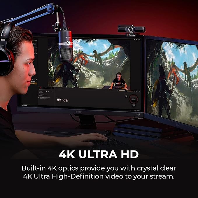 AVerMedia PW513 Live Streamer CAM Light 4K Ultra HD USB Webcam with Rechargeable Mini RGB Light for Gaming and Live Streaming Works with OBS Streamlabs Zoom Teams and Skype