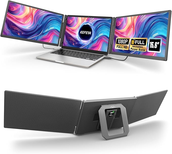 KEFEYA 15.6 Laptop Screen Extender with Magnetic Power Bank FHD 1080P Triple Monitor Extender for 13-17 Laptop Plug &amp Play via Type-C/HDMI/USB-A Compatible with Mac/Windows/Android