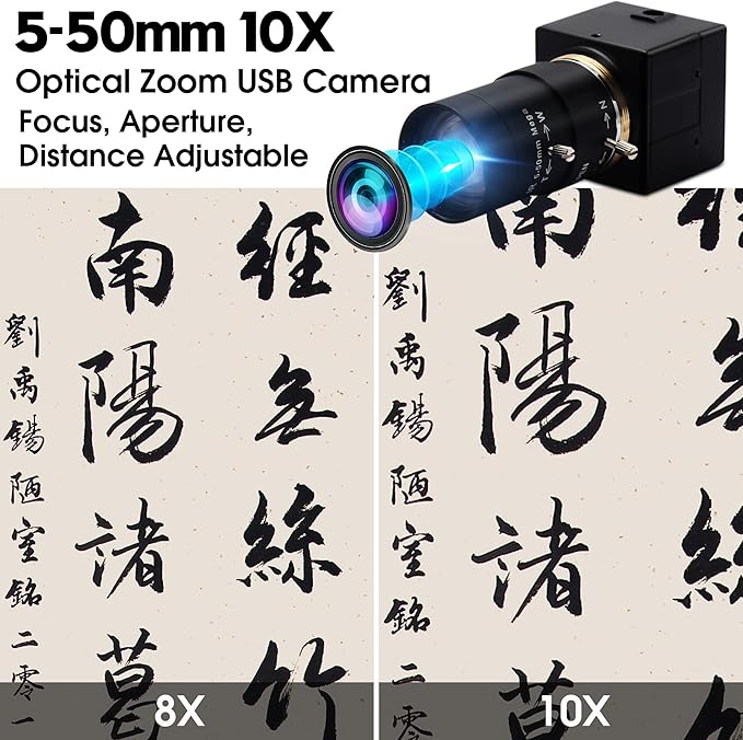 USB Camera 5MP Webcam 5-50mm 10X Variable Focus PC Camera 1944P USB Security Camera UVC CCTV Industrial Close-up Camera for Computer Plug and Play for Mac OS Windows Linux Raspberry Pi Camera