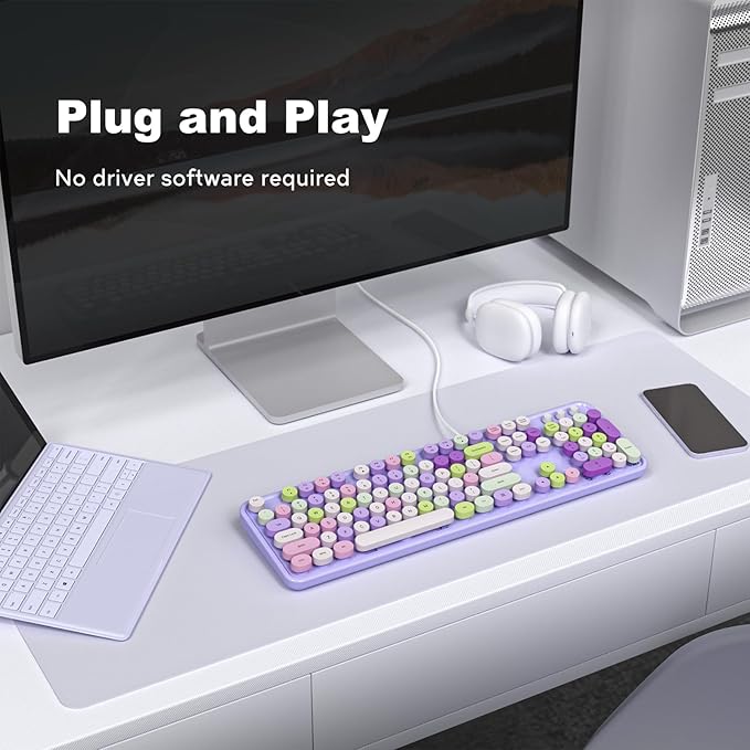 KNOWSQT Wired Computer Keyboard - Purple Colorful Retro Full Size Round Keycaps Plug and Play Typewriter Cute Keyboards for Windows Laptop PC Desktop Computer
