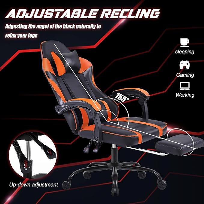 Video Game Chairs for Adults PU Leather Gaming Chair with Footrest 360°Swivel Adjustable Lumbar Pillow Gamer Chair Comfortable Computer Chair for Heavy People Orange