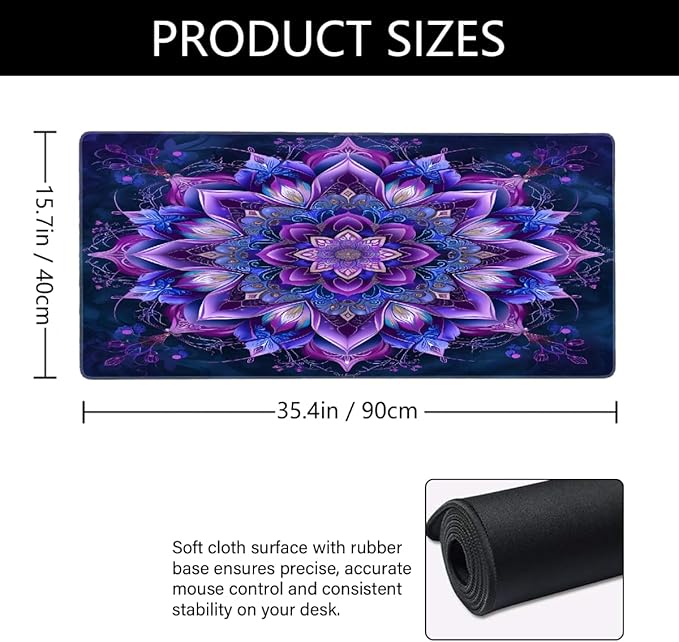 Purple Mandala Flower Floral Large Mouse Pad Gaming Mousepad Desk Mat for Desktop Computer Keyboard Waterproof Mouse Mat Desk Pad with Non-Slip Base for Game School Office Home 35.4 x 15.7
