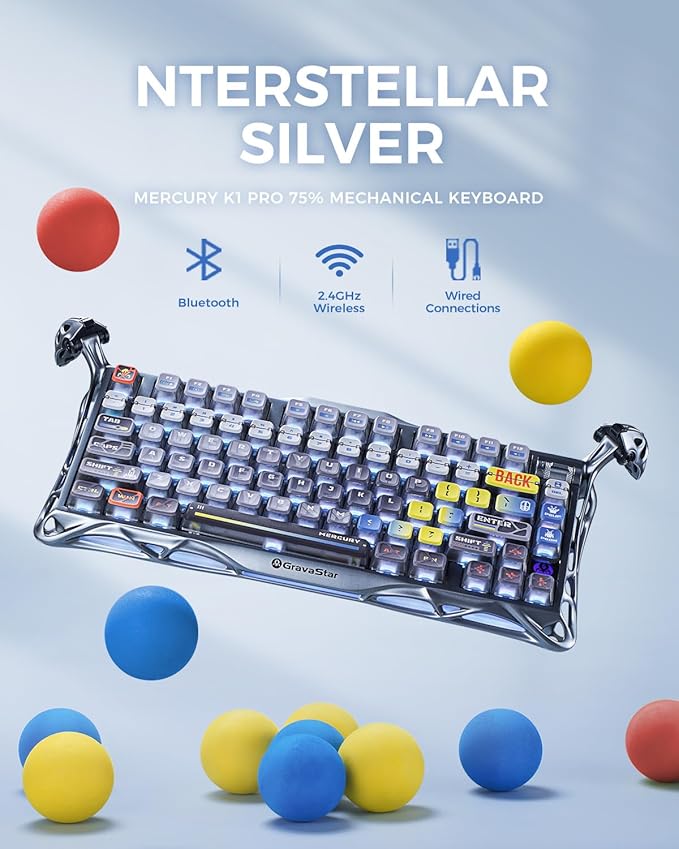 GravaStar Mercury K1 Pro Wireless Mechanical Gaming Keyboard 75% Layout RGB Custom Keyboard Hot-Swappable Linear Switches – Aluminum Alloy Interstellar Silver Brushed Metal Look