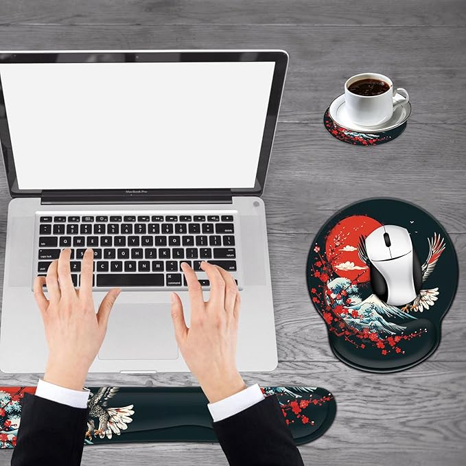 Keyboard Wrist Rest and Mouse Wrist Rest Pad with Coffee Coaster Non Slip PU Base Wrist Support with Ergonomic Raised Memory Foam for Easy Typing &amp Pain ReliefOcean Wave Cherry Blossom Eagle
