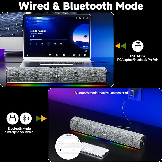 SOULION R100 Bluetooth Computer Speakers with Dynamic LED Light USB Plug &amp Play PC Speakers with Switch Button Clearly Sound Soundbar for Desktop Laptop Monitor(USB-C to USB Adapter Included)