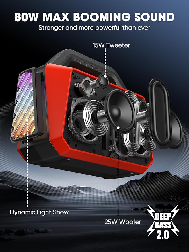 Portable Bluetooth Speakers - Wireless Speaker 80W Peak Loud Speaker with Light Strong Bass BT 5.3 TWS IPX6 Waterproof 20H Playtime for Home Party Outdoor Beach Camping - Red