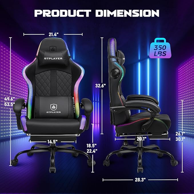 GTPLAYER RGB Gaming Chair with Speakers Computer Gamer Chair with Footrest and LED Lights PC Gamer Chairs for Adults High Back Reclining Office Chairs Linkage Armrest (Black with Speakers)
