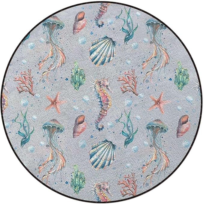 Multicolor Round Area Rug - Non-Slip Rugs Floor Mat Washable Soft Floor Carpet for Living Room Absorbent Round Yoga Mat Beach Seaside Summer Vacation Oceanic Diameter 51 in