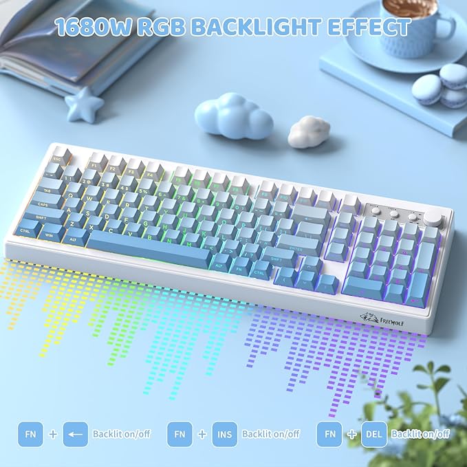 ZIYOU LANG K100 Wireless Gaming Keyboard99 Keys Tri-Mode BT/2.4GHz/USB-C Creamy Color Keyboard with Number Pad RGBMedia Knob Custom Programmable Computer Keyboards for PC/Mac/Xbox (Blue)