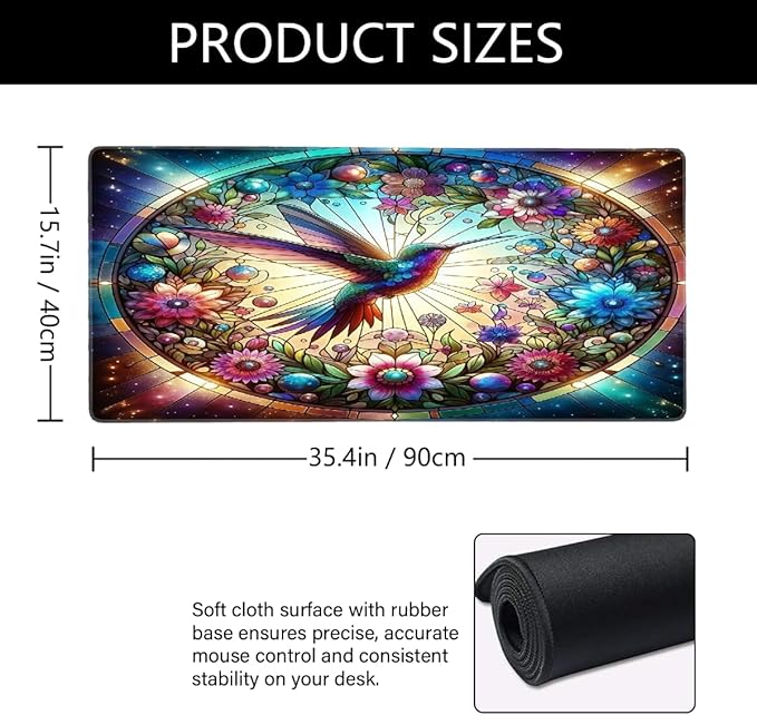 Color Glass Flower Bird Large Mouse Pad Gaming Mousepad Desk Mat for Desktop Computer Keyboard Waterproof Mouse Mat Desk Pad with Non-Slip Base for Game School Office Home 35.4 x 15.7