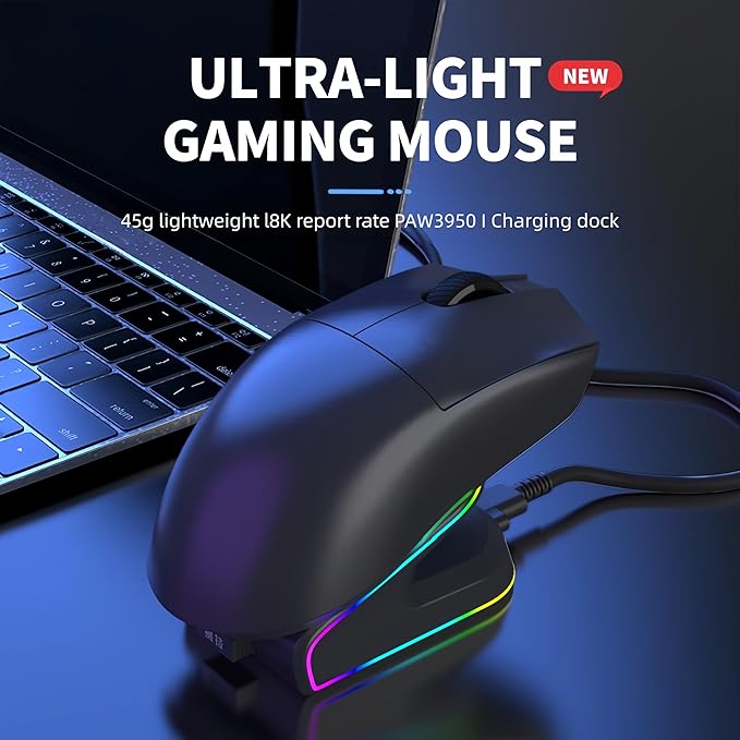Tri-Mode Wireless Gaming Mouse with RGB Charging Dock 45g Ultra-Light PAW3311 Sensor 12000 DPI 2.4G Dongle + Bluetooth + USB-C Wired 1K Polling Rate Programmable Gaming Mouse for PC Mac Laptop