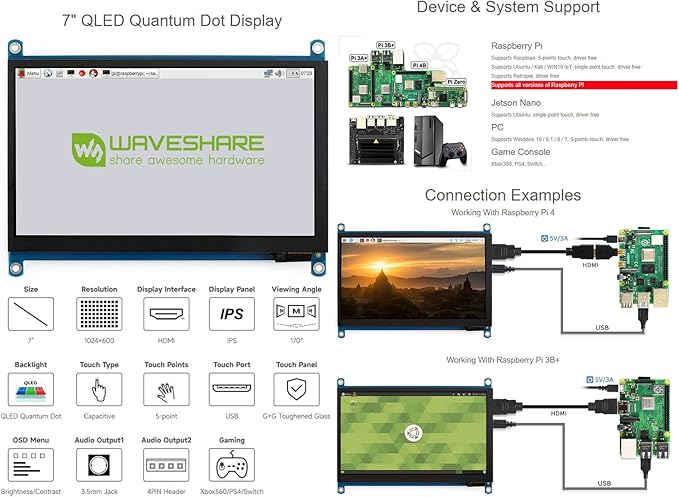 waveshare 7inch QLED Quantum Dot Display 1024×600 Resolution Compatible with Raspberry Pi 5/4B/3B+/3A+/2B/B+/A+/Zero/Zero W/WH/Zero 2W CM3+/4 Supports Windows