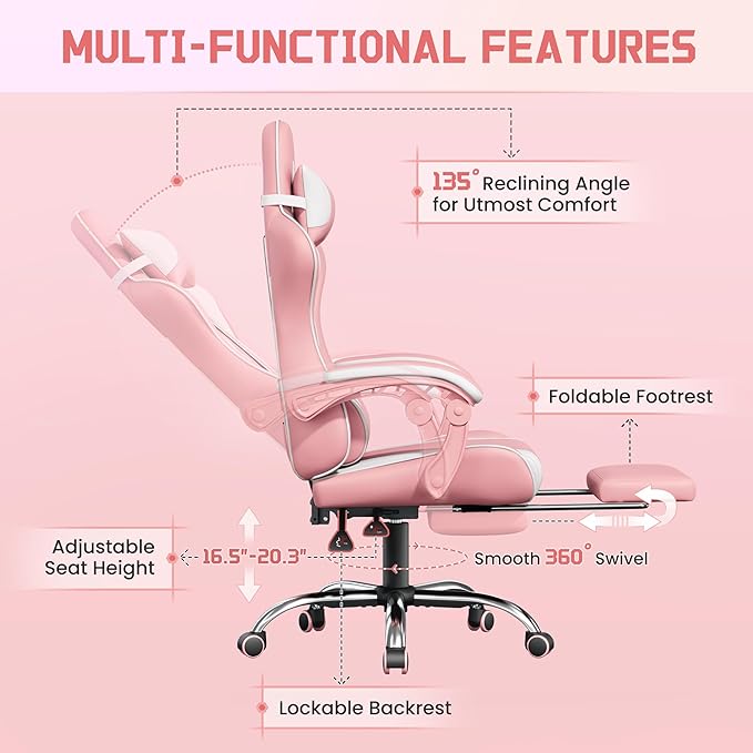 Yaheetech Gaming Chair Video Game Chair with Massage Lumbar Support and Footrest Height Adjustable Ergonomic Computer Chair with Swivel Seat and Headrest Pink/White