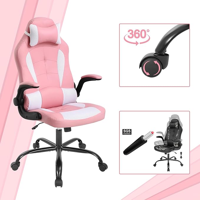 Pink Gaming Desk Chair PC Gaming Chair Gamer Chair Comftorable Ergonomic PU Leather Computer Office Chair with Lumbar Support Flip Up Arms High Back Executive Gaming Stuff for Girl Kids Adults
