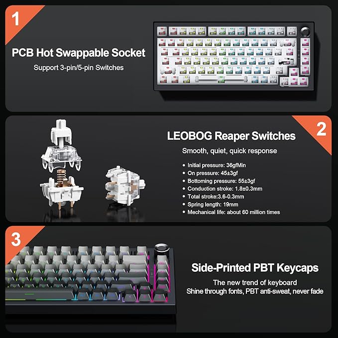 Gurjot Wireless Mechanical Keyboard 75% Hot Swappable Custom Keyboard with KnobPBT KeycapsBT5.0/2.4GHz/USB-CRGB Backlit Mechanical Gaming Keyboards for PC/Tablet/PS/Xbox