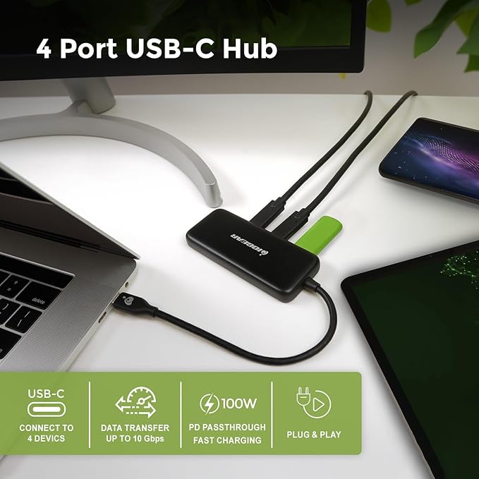 IOGEAR 4-Port USB-C Hub USB 3.2 Gen 2 10Gbps 100W Power Pass-Through High-Speed USB-C Expansion Hub for SSDs Hard Drives Laptops macOS Windows (GUH3C4C)