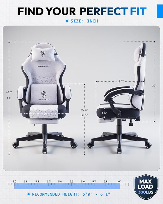 Dowinx Gaming Chair Fabric Gaming Chairs for Adults with Pocket Spring Cushions and Lumbar Support Ergonomic Massage Computer Chair with Footrest for Big and Tall Gray