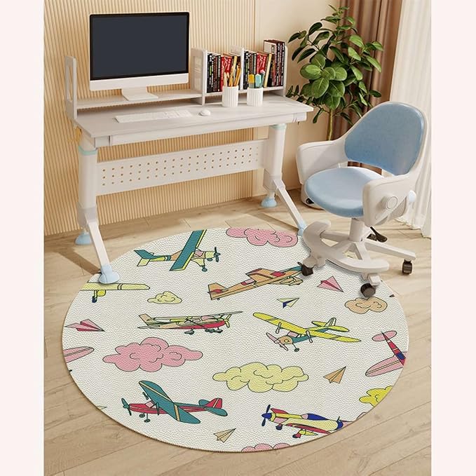 Multicolor PU Leather Round mat Office Chair Mat Hardwood Floor mat Fighter Machinery Allied Cartoon Round Chair Cushion for Office and Home Decoration Chair Cushion Airplane Diameter 55 in