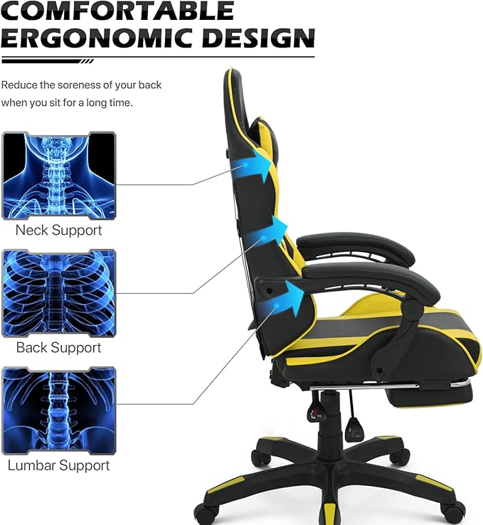 MoNiBloom Gaming Chair Office Chair Leather High Back Computer Chair with Headrest and Lumbar Support 360° Swivel Ergonomic Footrest Adjustable Gamer Chair for Adult Teen Home Office Using Yellow