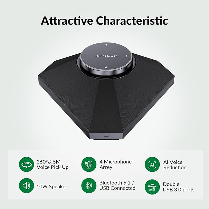 Conference Speaker and Microphone Noise Reduction 360° Voice Pickup AI Noise Reduction USB/Bluetooth 10W Powerful Speakerphone w/Daisy Chain for 20 People Large Call Meeting for Zoom Teams