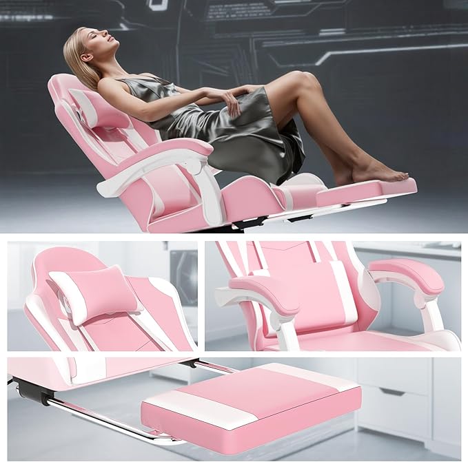 Athena Collection Gaming Chair Ergonomic Gaming Chair with Footrest &amp Headrest Lumbar Support Height Adjustable Swivel Computer Chair Office Chair for Kids Adults(Pink)