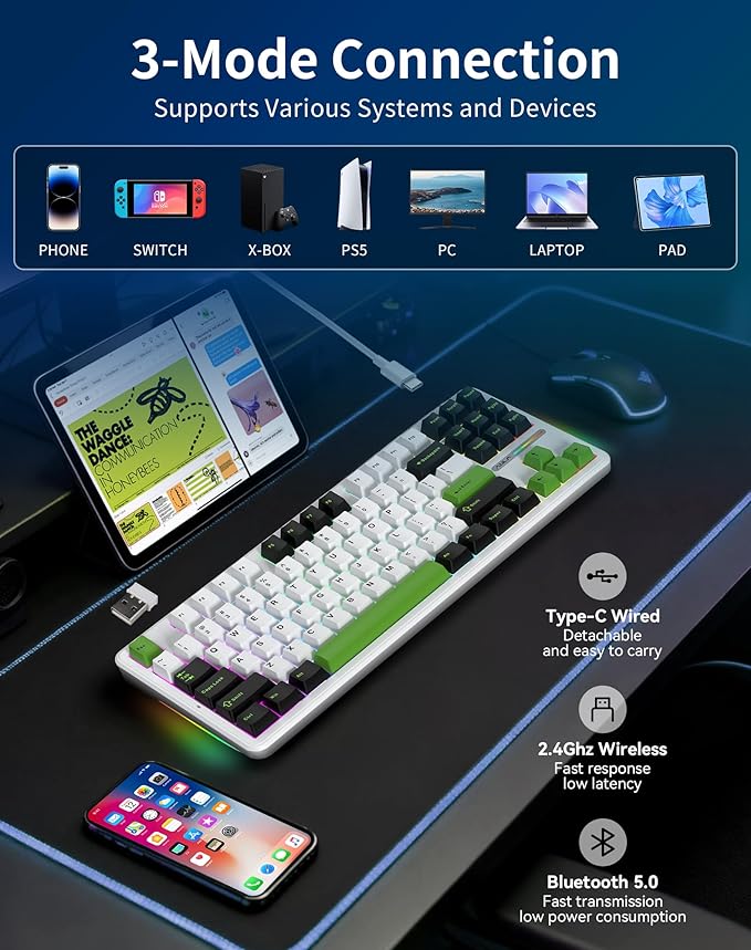 Aula F87 Pro Wireless Mechanical Keyboard 87-Key TKL Tri-Mode (BT5.0/2.4G/USB-C) Hot Swappable Gasket Mount Keyboard 4000mAh Battery RGB Backlit PBT Keycaps Custom Gaming Keyboard for PC Mac