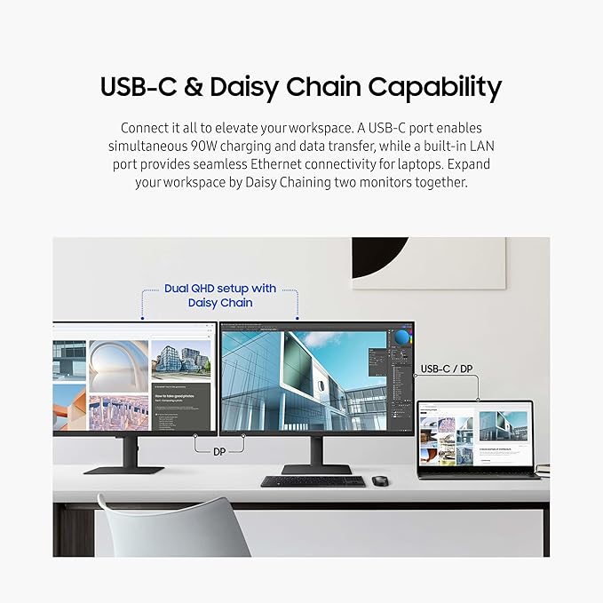 SAMSUNG 27 ViewFinity S6 (S60UD) Series QHD High Resolution Computer Monitor 100Hz HDR10 USB-C Built-In LAN Port Daisy Chain Support Easy Setup Height Adjustable Stand LS27D606UANXGO 2024