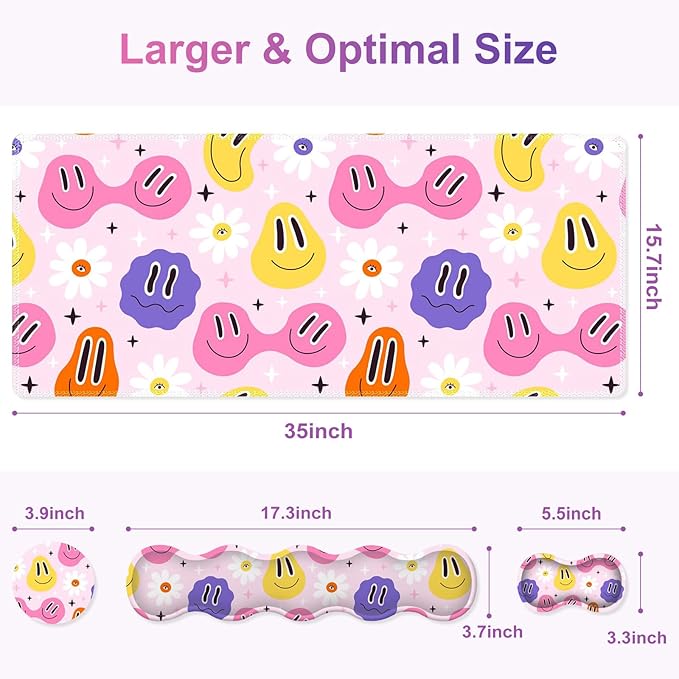 Gaming Mouse Pad Keyboard Wrist Support 4 in1 Mousepad with Wrist Keyboard Rest Computer Desk Mat Non-Slip Desk Pad Protector with Memory Foam Easy Typing Pain Relief I Cute Hippie Smiley