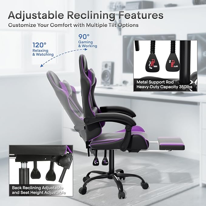 Athena Collection Gaming Chair Ergonomic Gaming Chair with Footrest &amp Headrest Lumbar Support Height Adjustable Swivel Computer Chair Office Chair for Kids Adults(Purple)