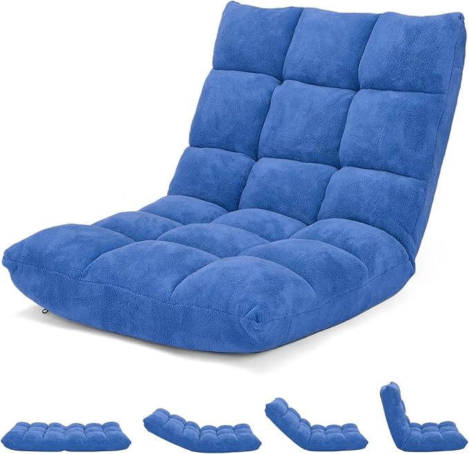 14-Position Lazy Sofa Chair with Soft Coral Fleece Folding Gaming Chair Couch Recliner Floor Seat for Reading Meditating Yoga (Blue)