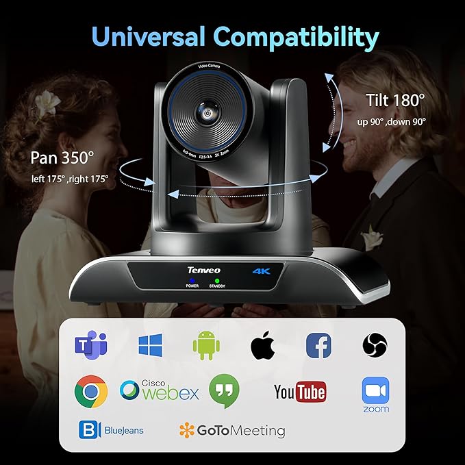Tenveo 4K AI Auto-Tracking PTZ Camera 3X Optical Zoom USB3.0/HDMI/RS232 93° Wide-Angle UHD 4K 30FPS for Video Conferencing Business Meetings Live Streaming Church Worship Zoom Teams OBS