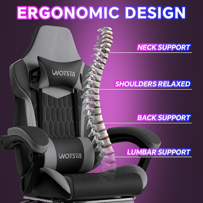 Gaming Chair with Footrest High Back Gaming Chairs PVC Leather Ergonomic Gamer Chair with Adjustable Headrest Lumbar Support Racing Style Video Gaming Chair for Office/Home (BlackGrey)