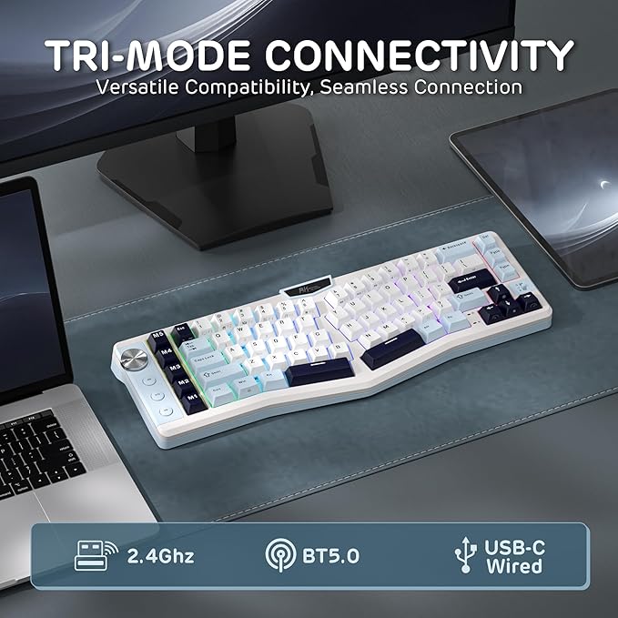 RK ROYAL KLUDGE A72 Alice Ergonomic Wireless Mechanical Keyboard w/Knob/Macro Keys/Touchable Nameplate Tri-Mode 68% 72-Key Gasket Keyboard BT/2.4G/USB-C Hot Swap Win/Mac Software 7500mAh Battery