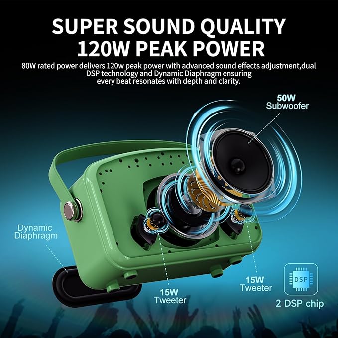 Bluetooth Speaker 120W Peak Powerful Retro Wireless Hi-Fi Loud Speakers with Deep Bass Dual DSP Chips Portable Boombox for Home Room Office Decor Camping Party Festival Gifts Christmas Events