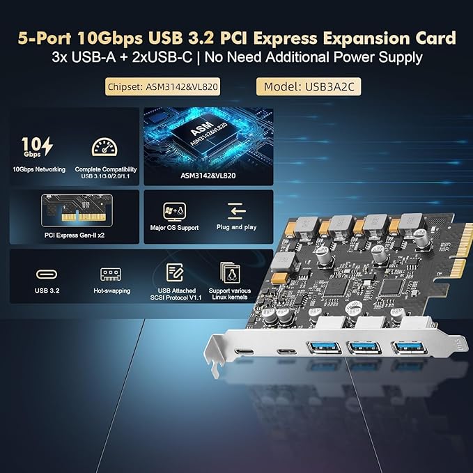 Binardat PCIE to USB 3.2 Gen2 10G Expansion Card 5 Port 3X USB Type-A and 2X Type-C Ports Self-Powered USB3.2 Hub Controller Adapter for Windows 10/11