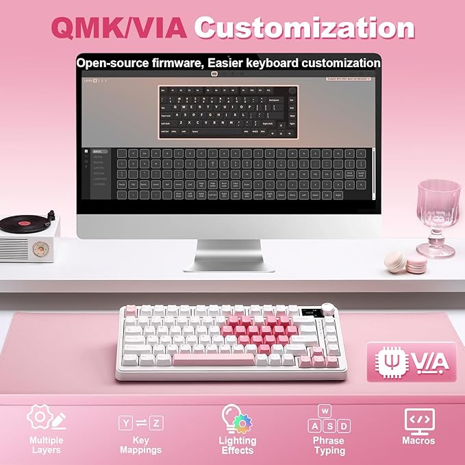YUNZII B75 PRO MAX QMK/VIA Wireless Mechanical Keyboard75% Layout with Screen and KnobHot Swap GasketCreamy Pre-lubed SwitchesBluetooth/Type-C/2.4G for Win/Mac(White HeartCocoa Cream V2 Switch)