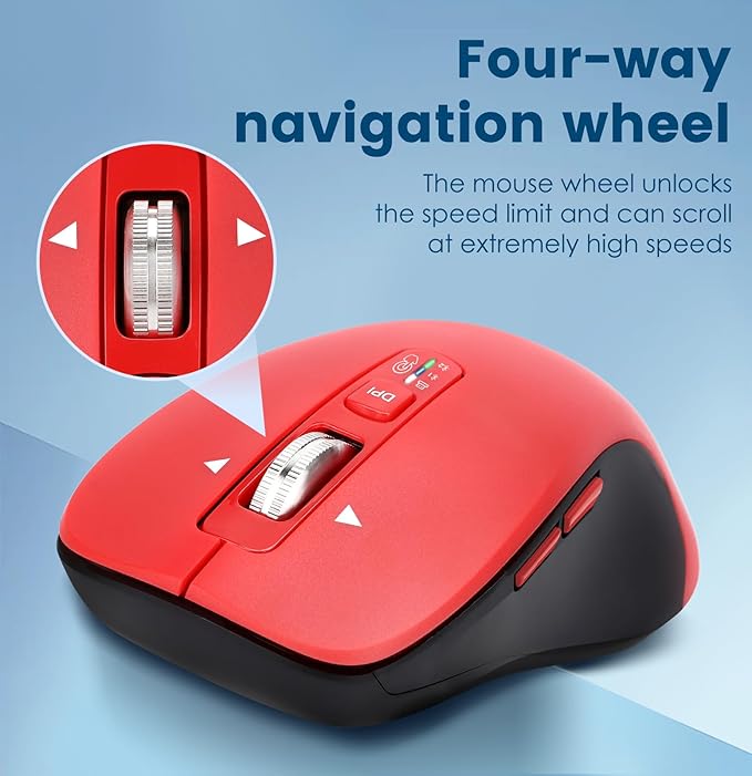 Wireless Bluetooth Mouse (USB + BT1 + BT2) Full Size 4-Way Scrolling Multi-Device Silent Mouse for Computer Laptop iPad MacBook (Red)