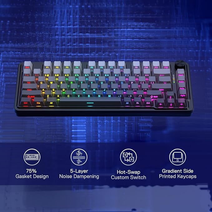 Redragon K673 GB 75% Wireless Gasket RGB Gaming Keyboard 3-Modes 81 Keys PBT Compact Mechanical Keyboard w/Hot-Swap Socket Dedicated Knob Control &amp 5-Layer Noise Dampening Custom Linear Switch