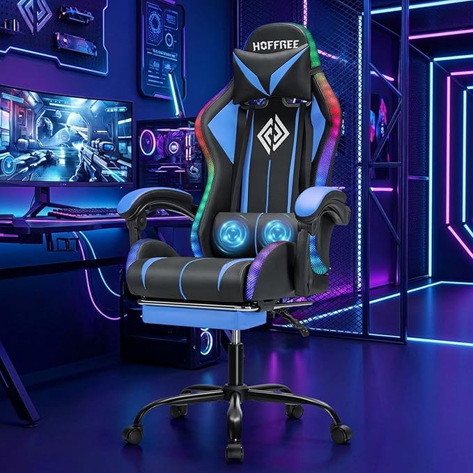 RGB Gaming Chair Massage with LED Lights and Ergonomic Computer Gaming Chair with Footrest High Back Video Game Chairs with Adjustable Lumbar Support Blue and Black