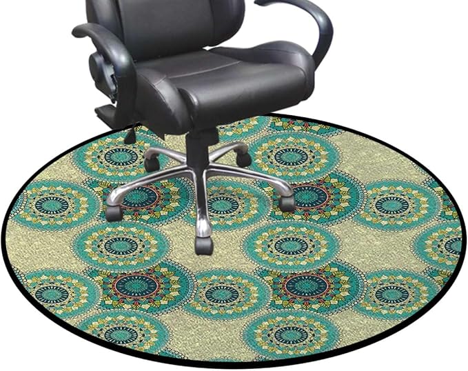 Green Yellow Round Area Rug for Bathroom Kitchen Room Indoor Vintage Throw Rugs Carpets Floor Mats Home Decor Oriental Motif with Mix of Retro Circle Diameter 59 in